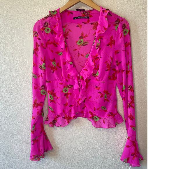 ECOTE Urban Outfitters Pink Floral Flutter Long Sleeve Ruffle Blouse Small Y2K - Picture 12 of 12